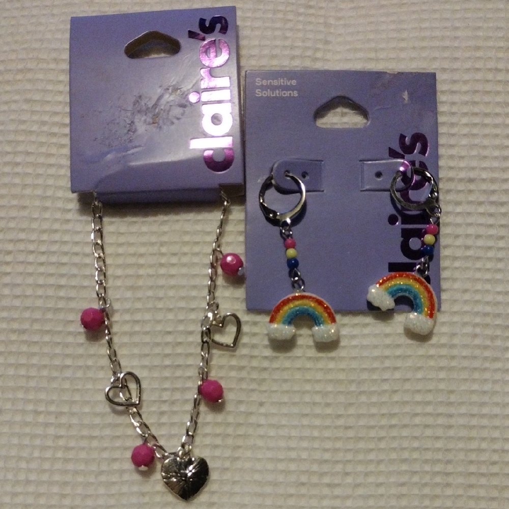 Claire's Rainbow Earrings and Heart Charm Bracelet Set - Pink and Multicolor